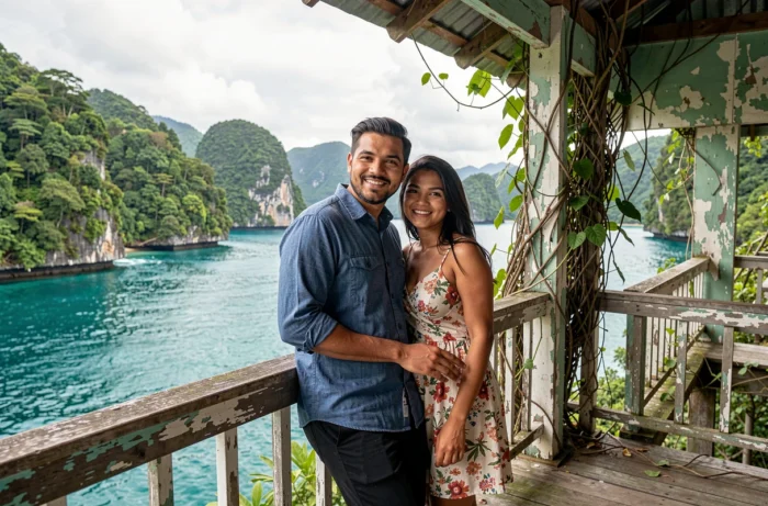Couple de voyageurs admirant une baie tropicale aux eaux turquoise depuis un belvédère en bois en Asie du Sud-Est