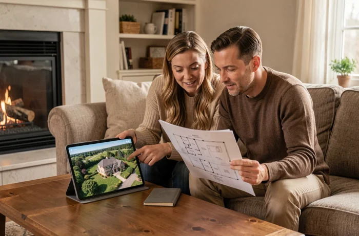 Couple consultant une vue satellite de maison sur tablette dans un salon pour un projet immobilier