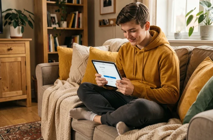 Jeune personne utilisant une tablette pour créer un compte Twitter sans numéro de téléphone depuis son salon