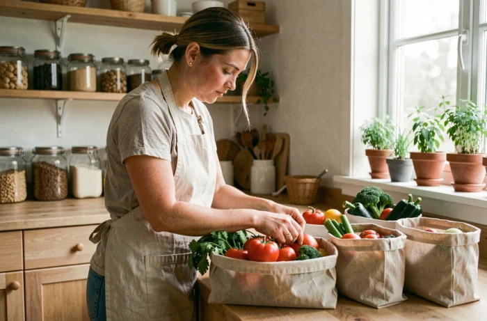 Femme triant des légumes biologiques dans une cuisine zéro déchet avec des sacs en tissu réutilisables