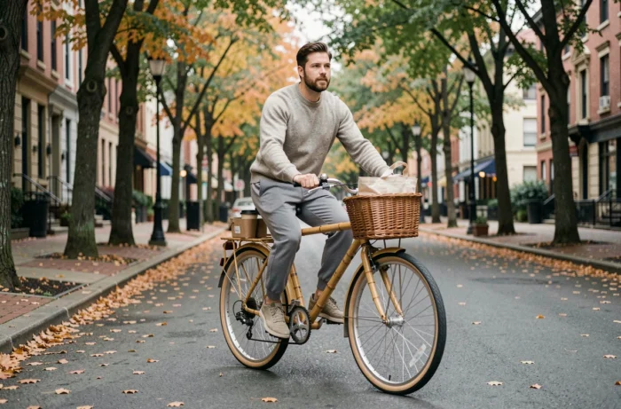 Homme en vélo en bambou dans une ville en automne adoptant un mode de transport écologique au quotidien
