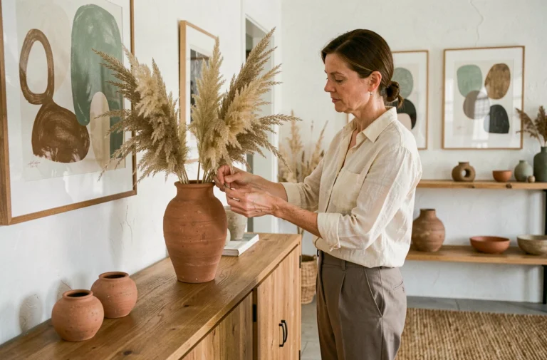 Femme arrangeant des herbes de la pampa dans un vase en terre cuite pour décorer son salon avec style