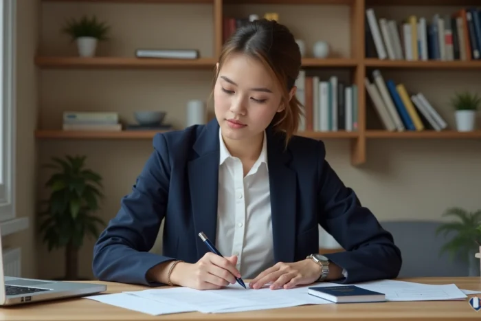 Jeune femme préparant ses documents pour une demande de visa pour la France à son bureau