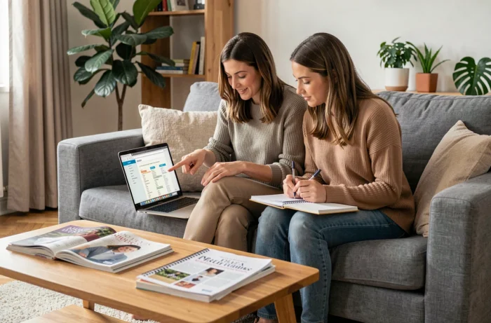 Deux femmes explorant ensemble le plan de navigation d'un site de blog maman sur un canapé à la maison