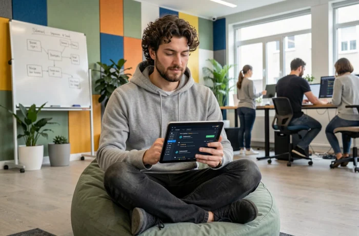 Développeur informatique explorant les actualités technologiques sur une tablette dans un espace de travail collaboratif de startup