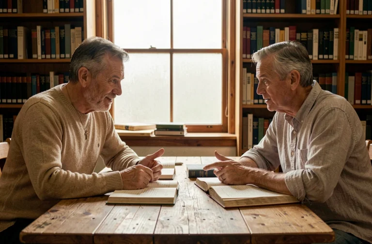 Deux hommes d'âges mûrs engagés dans un dialogue sincère autour de livres dans une bibliothèque, symbolisant la rencontre entre croyants et non-croyants
