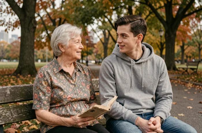 Une femme âgée et un jeune homme en conversation bienveillante sur un banc de parc en automne, évoquant le dialogue authentique entre générations et convictions différentes