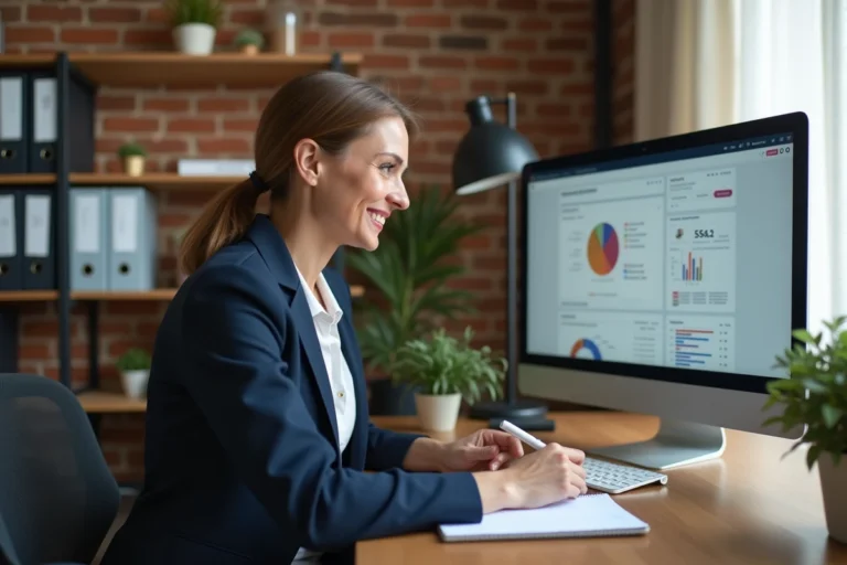 Dirigeante de PME analysant un tableau de bord d'outil B2B innovant sur son ordinateur dans un bureau moderne