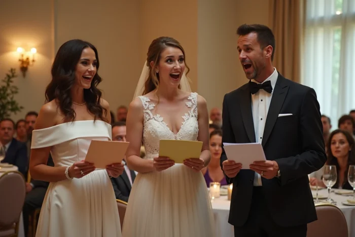 Trois témoins interprétant un discours à plusieurs voix structuré en saynète devant les invités du mariage