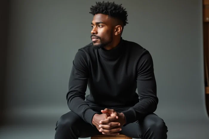 Portrait studio minimaliste d'un homme aux traits sculptés, explorant la diversité des canons de beauté masculine à travers le monde