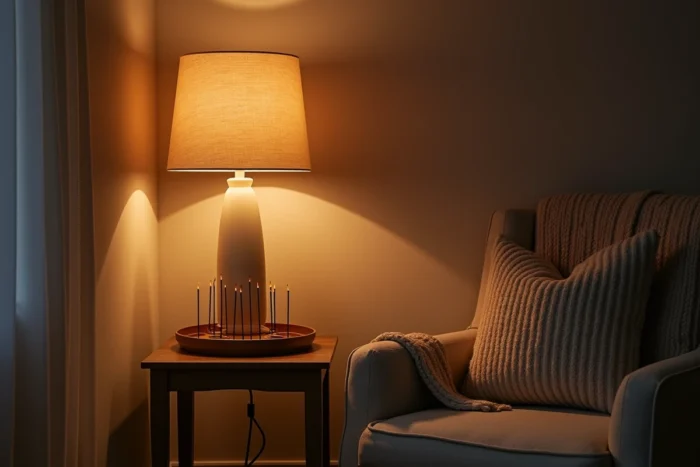 Éclairage en couches multiples dans un salon nordique avec suspension en lin, lampe de table et bougies pour créer une ambiance hygge