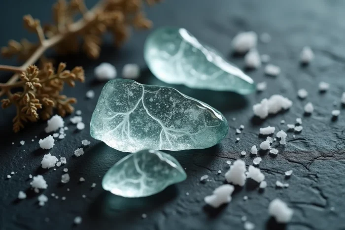 Gros plan d'éclats de verre blanc sur ardoise entourés de sel et d'herbes séchées, symboles de rituels et de superstitions anciennes