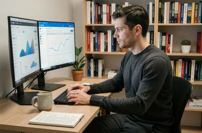 Entrepreneur analysant des données de croissance sur des écrans d'ordinateur dans un bureau minimaliste