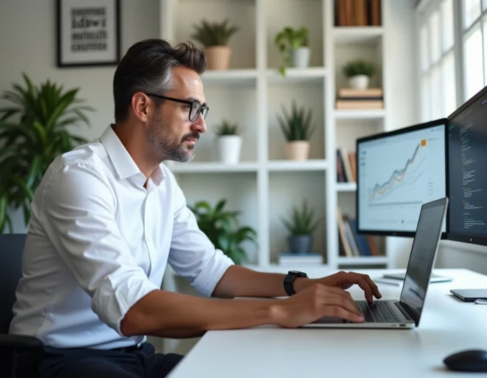 Chef d'entreprise analysant des données analytiques en ligne sur un ordinateur portable dans un bureau à domicile moderne