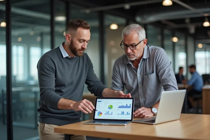 Deux entrepreneurs de TPE collaborant sur des outils numériques B2B dans un espace de coworking