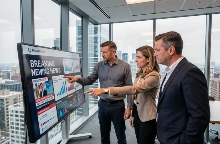 Équipe de professionnels analysant des informations en temps réel sur écran interactif
