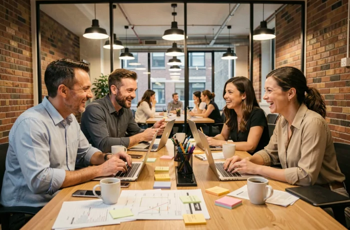 Équipe de professionnels en séance de brainstorming autour d'une table de réunion pour développer des solutions innovantes