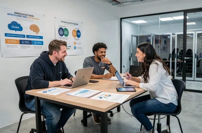 Équipe de professionnels informatiques discutant des dernières tendances et innovations technologiques dans un espace de coworking