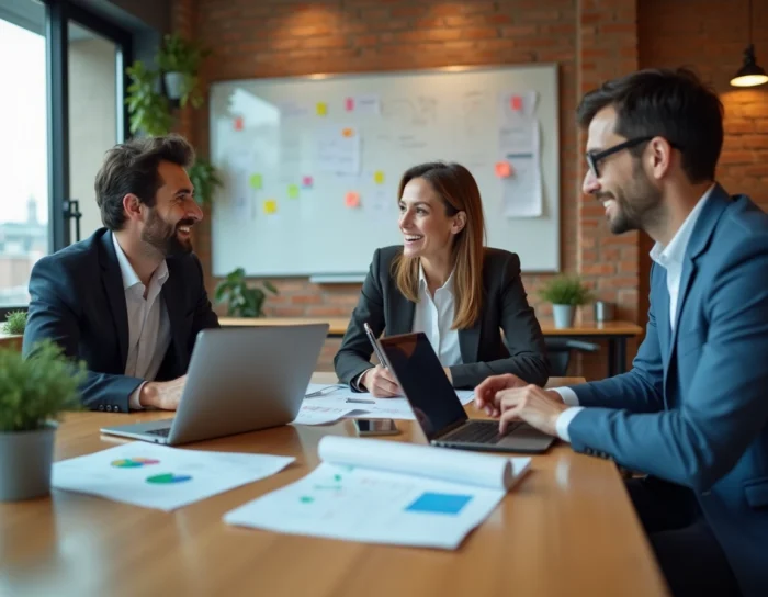 Équipe professionnelle collaborant autour d'une table avec tablettes et ordinateurs portables pour une stratégie de croissance digitale