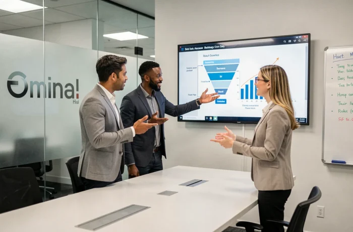 Équipe multiculturelle discutant d'une stratégie de marketing digital devant un écran de présentation en salle de réunion