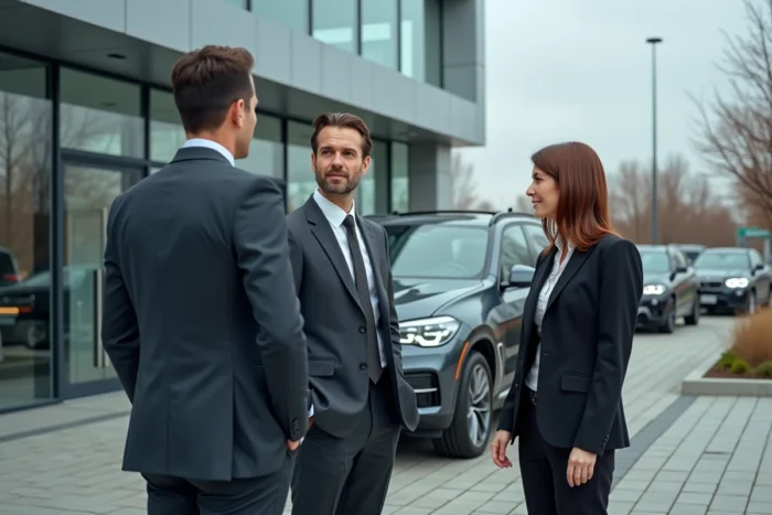 Deux vendeurs BMW en discussion avec un client devant un BMW X5 sur le parvis d'une concession automobile en France