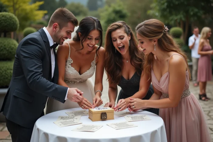 Invités participant à un escape game éphémère autour d'une boîte verrouillée pendant le vin d'honneur
