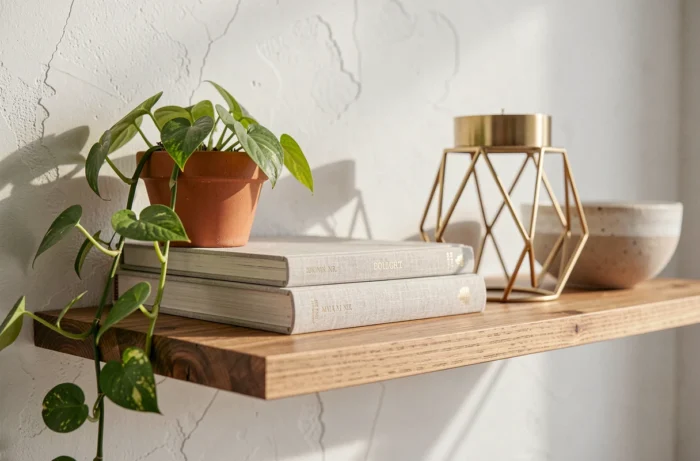 Étagère murale décorée avec des objets artisanaux et des plantes vertes dans un intérieur maison moderne