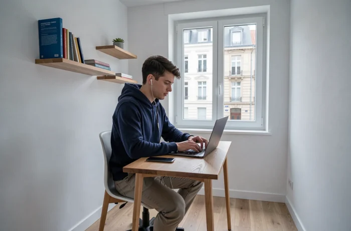 Jeune étudiant travaillant sur son ordinateur dans un studio moderne proche du centre-ville de La Roche-sur-Yon