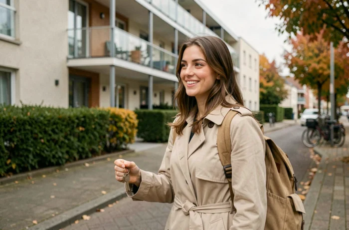 Étudiante devant une résidence étudiante moderne à La Roche-sur-Yon tenant ses clés d'appartement avec le sourire