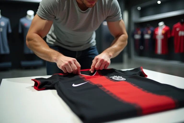 Expert en équipement sportif examinant la qualité des coutures d'un maillot de football Bastard München dans un magasin de sport moderne