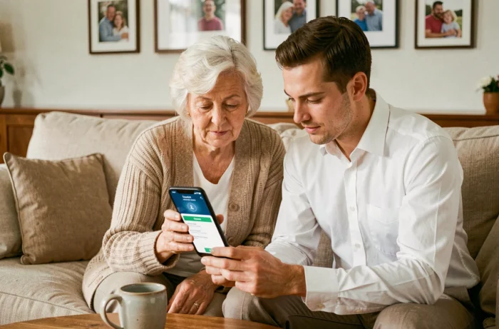 Fils aidant sa mère âgée à télécharger Mon Proxima sur smartphone pour la gestion de tutelle familiale
