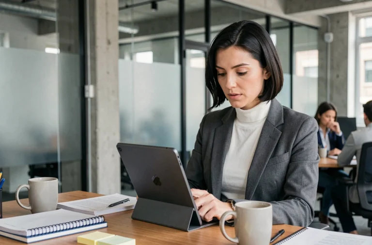 Femme consultant les dernières actualités technologiques sur une tablette dans un bureau moderne