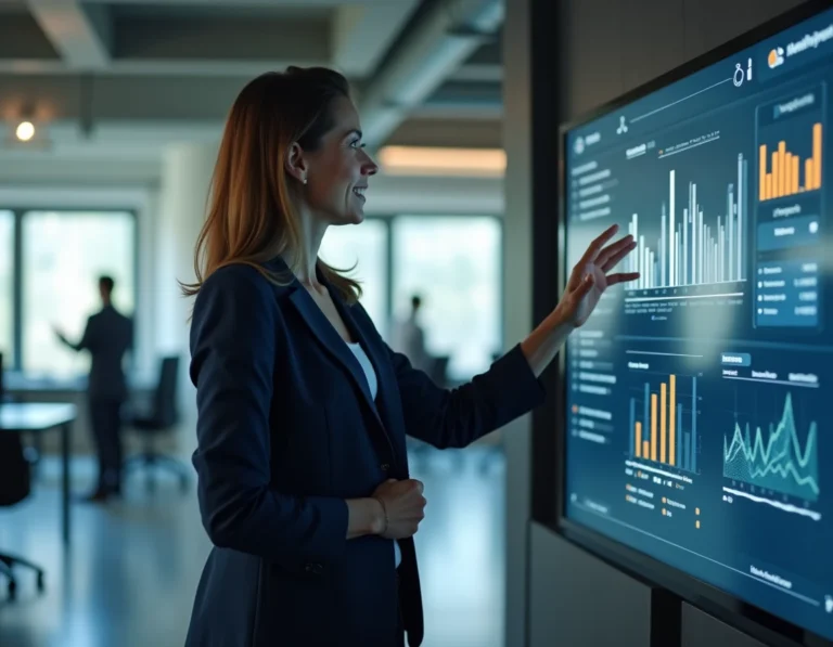 Femme d'affaires présentant des tableaux de bord numériques dans un bureau moderne, illustrant la transformation digitale en entreprise