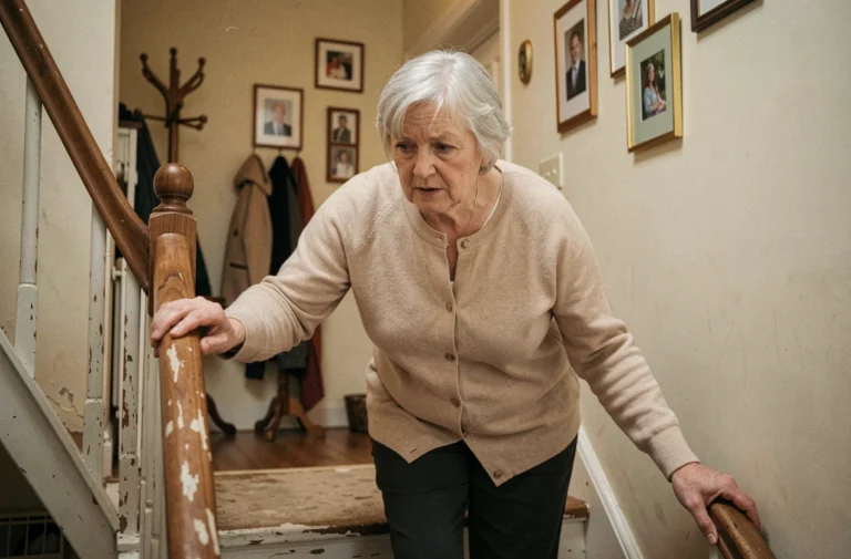 Femme âgée tenant une rampe d'escalier pour éviter une chute à domicile