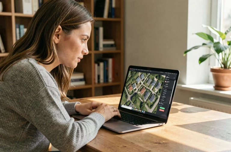 Femme consultant une application de vue satellite de maison sur ordinateur portable dans un bureau à domicile