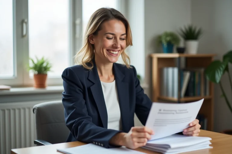 Femme tenant une lettre d'avis favorable de commission d'attribution de logement social, assise à un bureau avec des documents administratifs