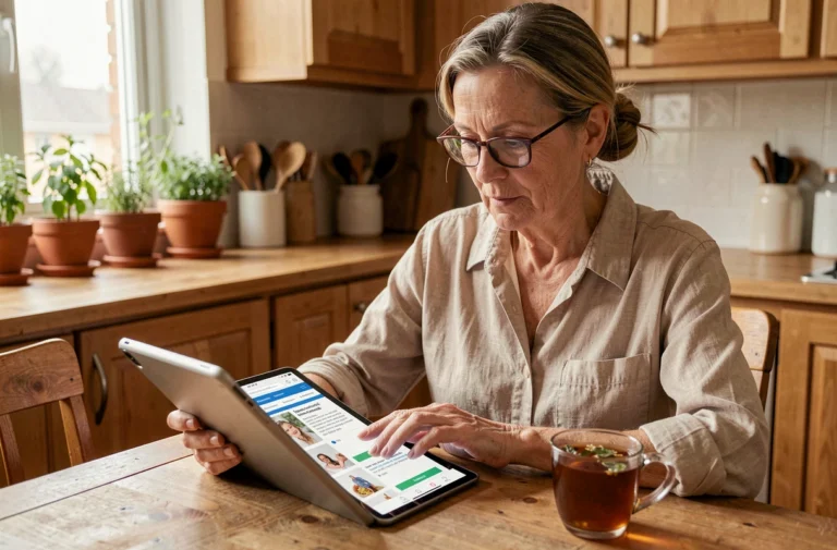 Femme d'une cinquantaine d'années lisant des avis sur une tablette dans une cuisine chaleureuse, cherchant des témoignages sur un complément articulaire