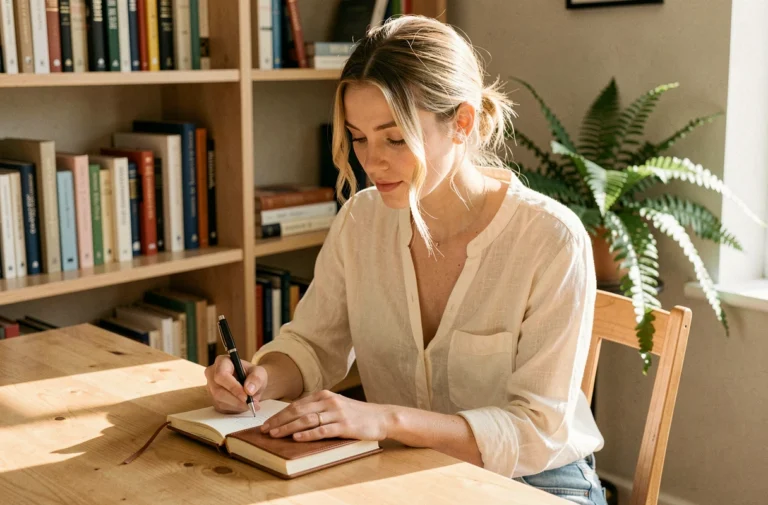 Jeune femme blonde écrivant dans un journal en cuir à son bureau en bois, ambiance éditoriale chaleureuse