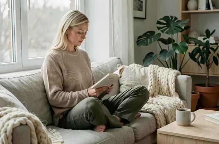 Femme blonde lisant un roman sur un canapé en lin dans un salon scandinave, atmosphère cosy et éditoriale
