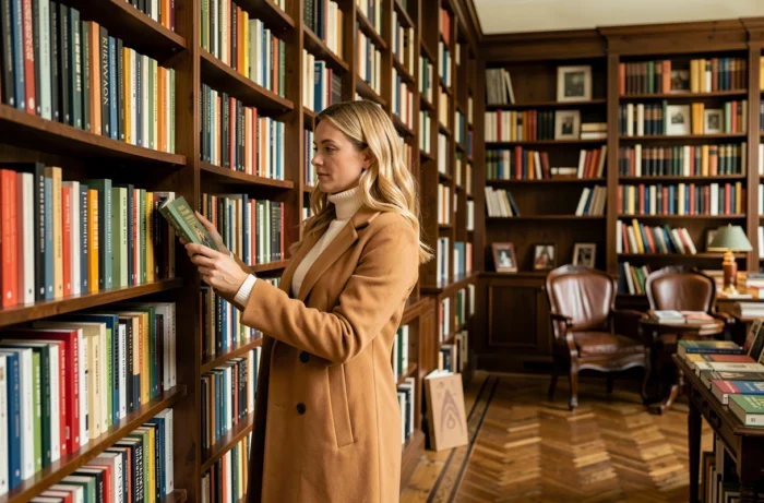 Femme blonde aux cheveux ondulés explorant une librairie indépendante au style européen, ambiance littéraire authentique