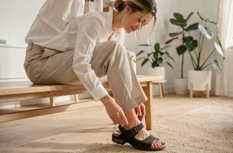Femme portant des chaussures Scholl orthopédiques pour le confort et la santé des pieds à la maison