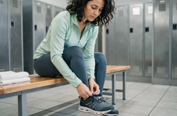 Femme en salle de sport enfilant des chaussures Scholl de sport pour le soutien des pieds actifs