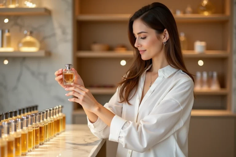 Femme testant un parfum de luxe au comptoir d'une grande parfumerie élégante