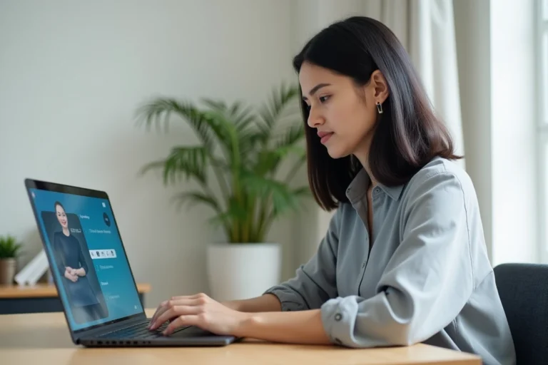 Femme connectée à son compte Medistory sur un ordinateur portable dans un bureau à domicile