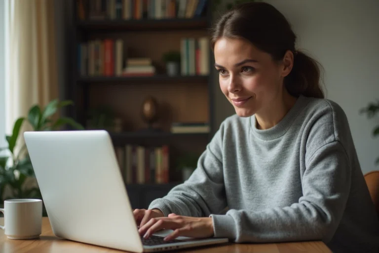 Femme consultant une page d'aide en ligne sur son ordinateur portable dans un bureau à domicile moderne