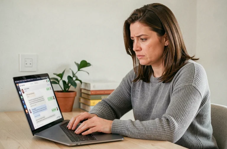 Femme consultant une interface de chat sur son ordinateur portable, illustrant la question de la conservation des données personnelles par les IA comme ChatGPT