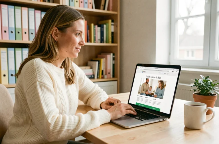 Femme consultant le plan du site Maman au Quotidien sur un ordinateur portable dans un bureau à domicile chaleureux