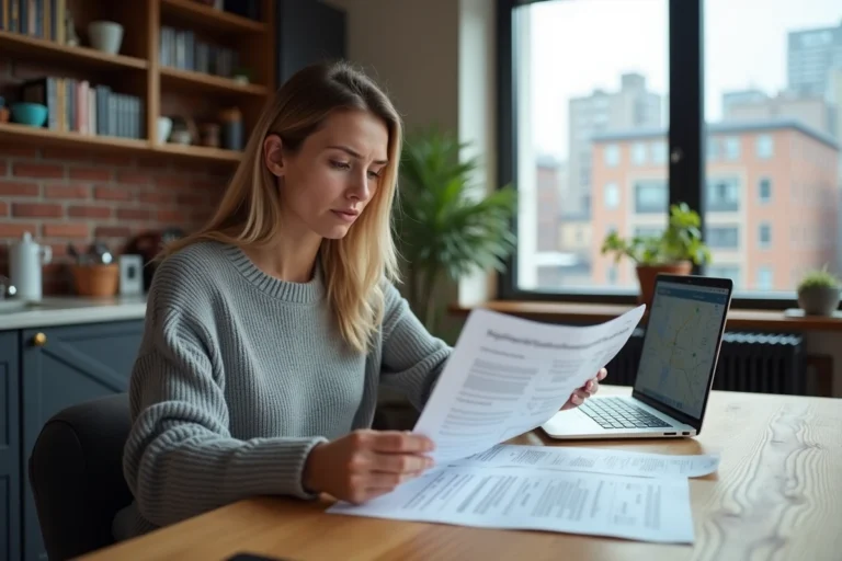 Femme consultant des documents sur les zones tendues locatives dans un appartement urbain moderne