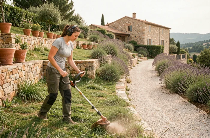 Femme utilisant une débroussailleuse électrique sans fil pour entretenir une terrasse de jardin en pente avec des plantes méditerranéennes