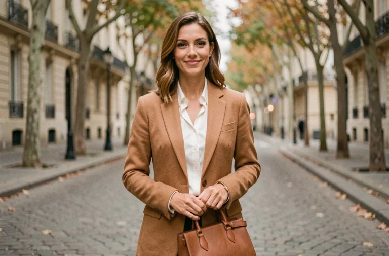 Femme élégante en blazer camel et chemisier en soie blanche dans une rue parisienne pavée, style raffiné au quotidien
